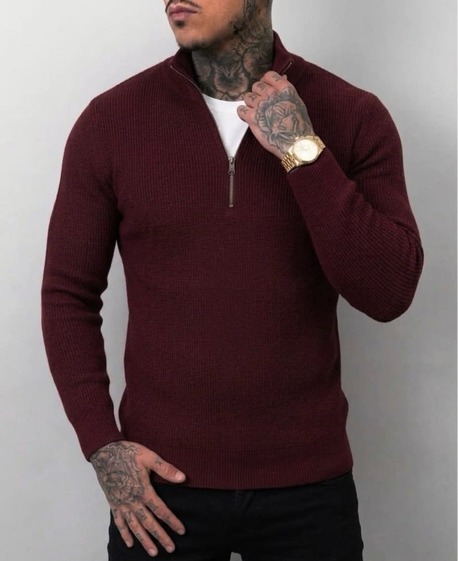 Džemper sa kratkim rajsferšlusom, bordo, na modelu
