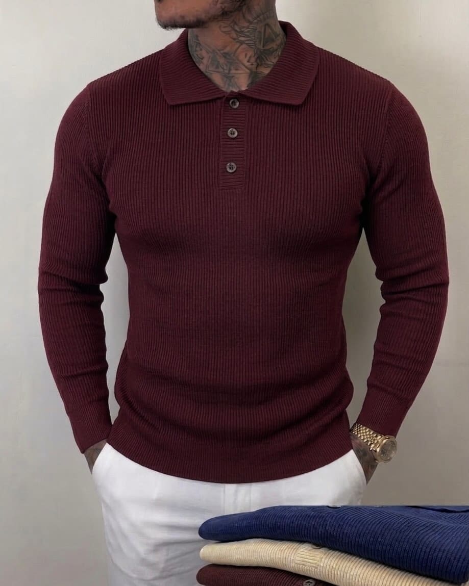 Pleteni polo džemper sa dugmićima, bordo, na modelu